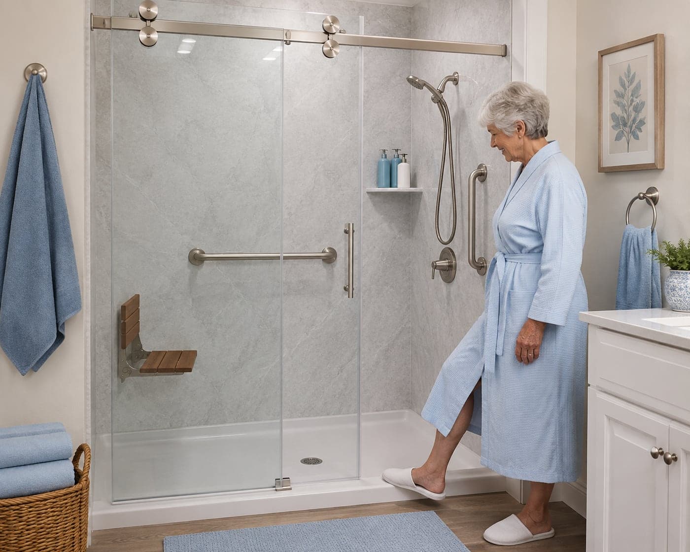 An older woman in a dressing gown stepping over the low threshold into a walk-in shower fitted with a fold-down teak seat, two grab bars, a handheld shower on a slide bar, a corner shelf and sliding glass doors