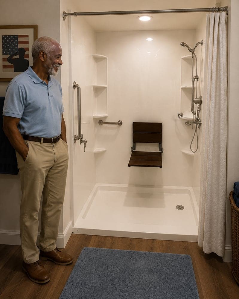 An older man looking into a newly fitted accessible shower — a low-threshold base, two grab bars, a fold-down teak seat, a handheld shower on a slide bar and corner shelves — with framed military artwork on the wall beside him